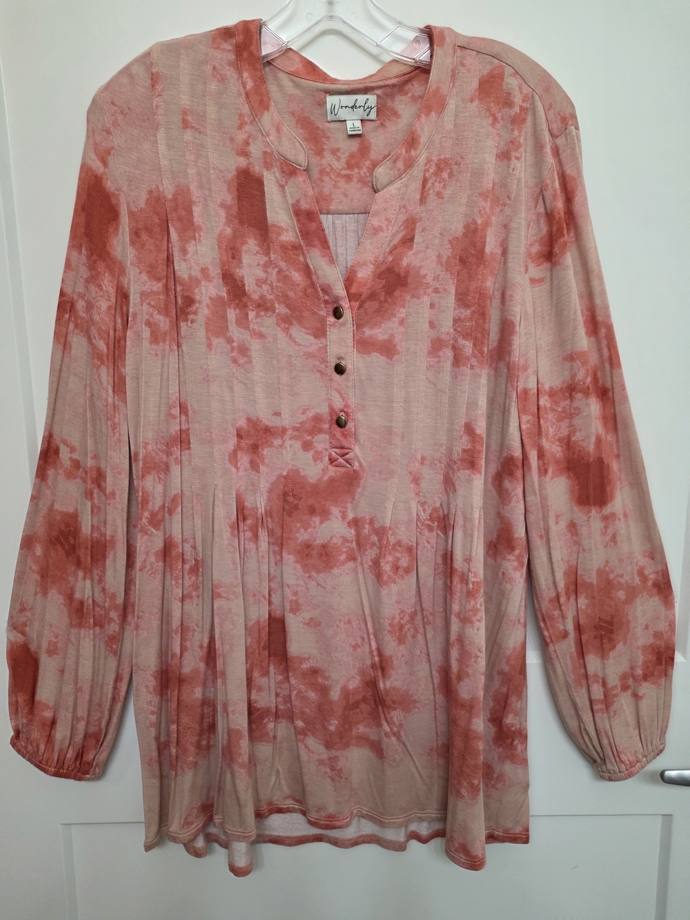 Wonderly Pink Coral Tie-Dye Button Henley Top